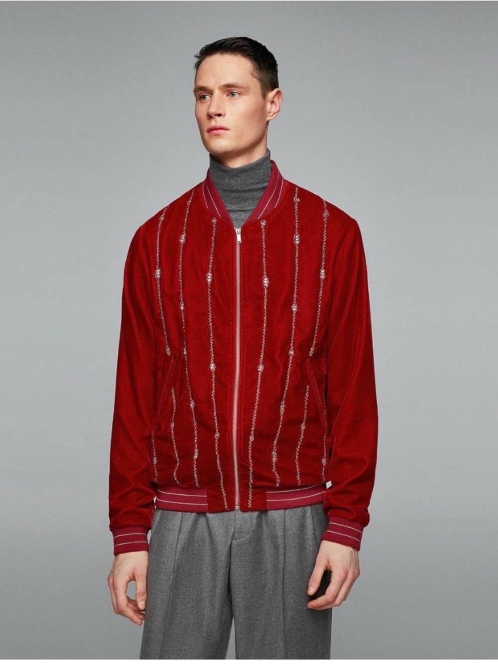 Zara Men's Red Velvet Zip-Up Bomber Jacket